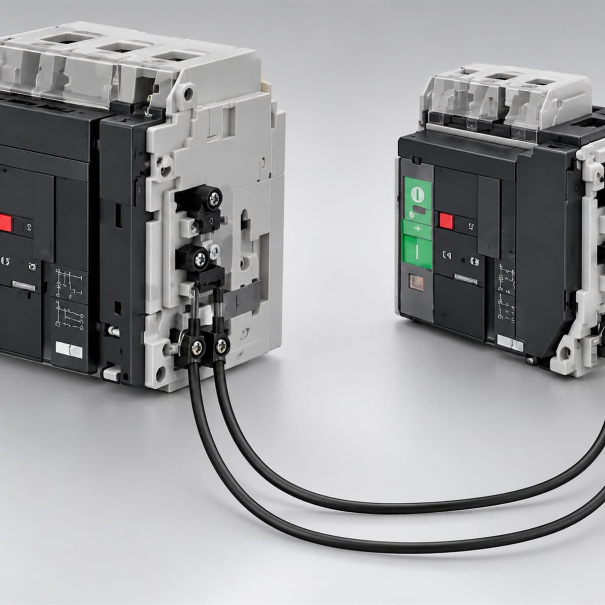 Bộ 2 đồ gá khoá liên động ACB MasterPacT MTZ2/3 Schneider chụp góc nghiêng 3/4, thấy rõ mặt và cạnh bên