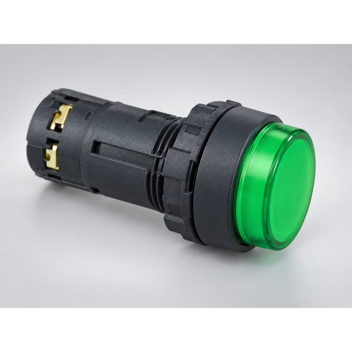Đèn báo XB7 Ø22 với vành nhựa - Nguyên khối Schneider chụp góc nghiêng 3/4, thấy rõ mặt và cạnh bên