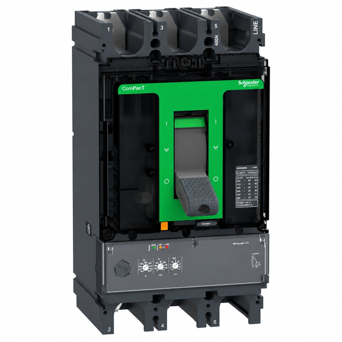 MCCB ComPacT NSX400/630 N/H cố định Schneider trên nền trắng, ảnh sản phẩm chính diện