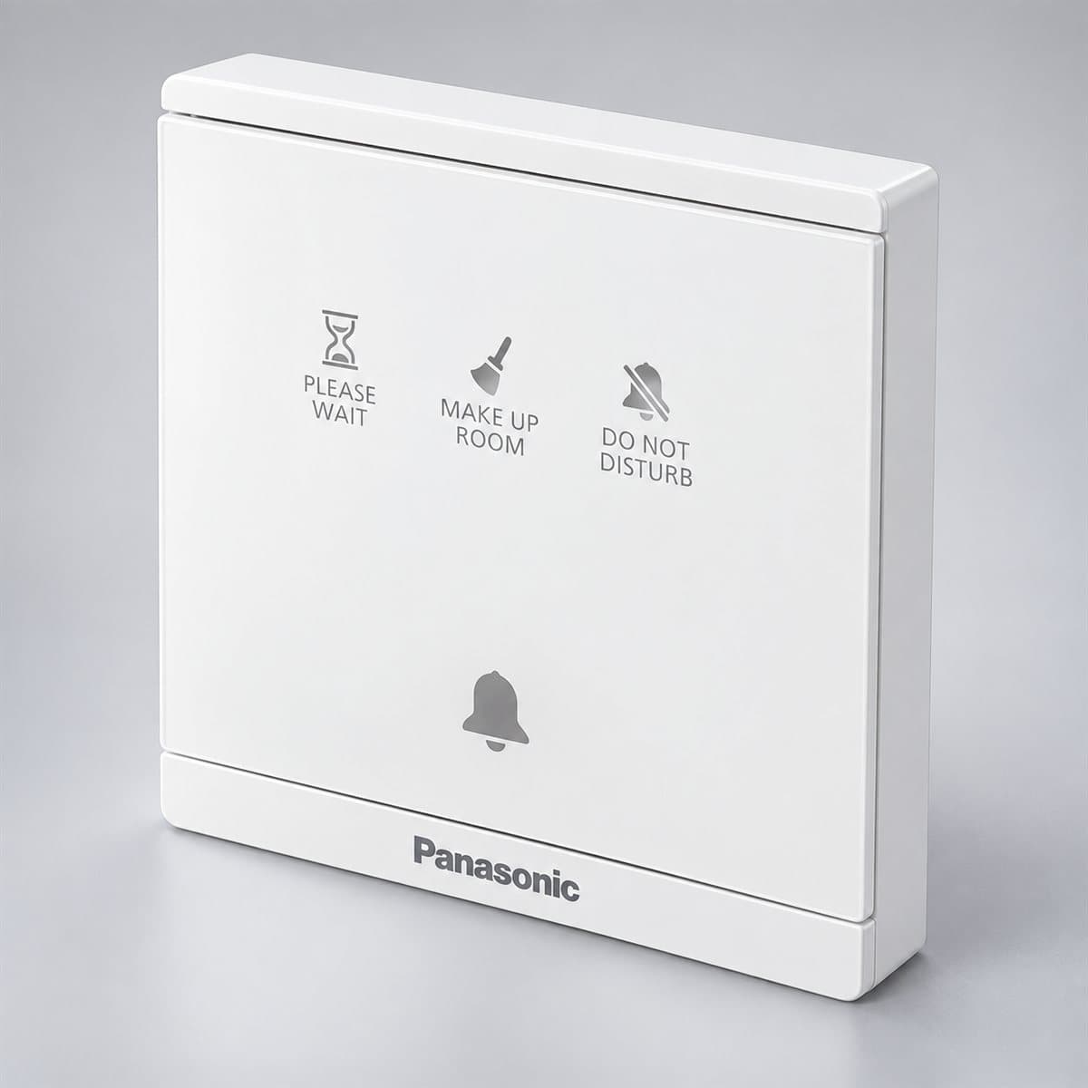 Nút nhấn chuông có đèn báo DND/MUR Moderva Panasonic chụp góc nghiêng 3/4, thấy rõ mặt và cạnh bên