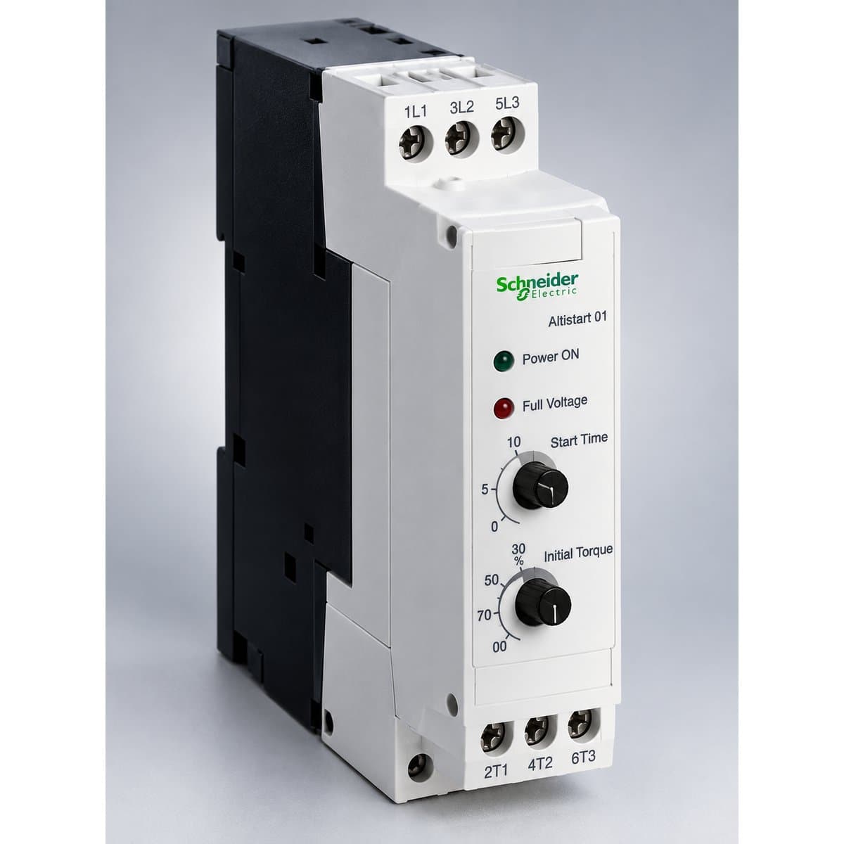 Khởi động mềm Altistart 01 Schneider chụp góc nghiêng 3/4, thấy rõ mặt và cạnh bên
