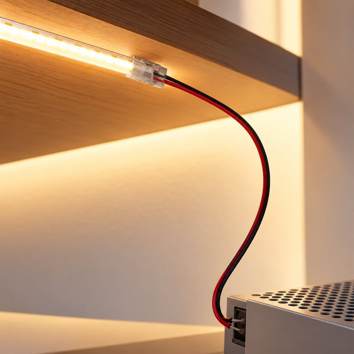 Khớp nối dây nguồn 15cm LED dây COB Panasonic đã lắp đặt, đang chiếu sáng
