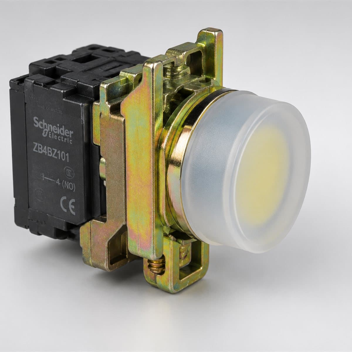 Nút nhấn phẳng chụp silicon trọn bộ Harmony XB4 Schneider chụp góc nghiêng 3/4, thấy rõ mặt và cạnh bên