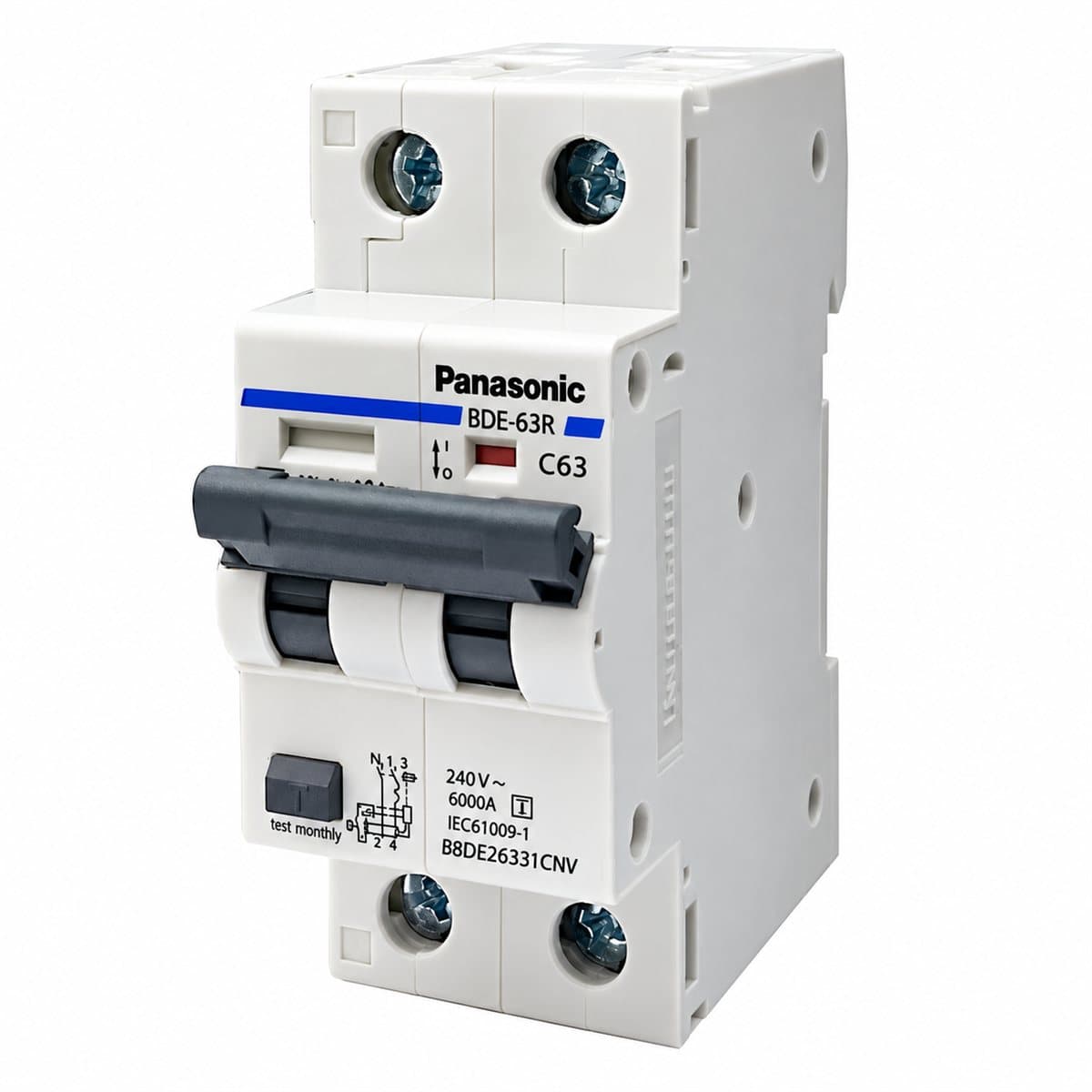 Cầu dao chống rò RCBO DIN Panasonic trên nền trắng, ảnh sản phẩm chính diện