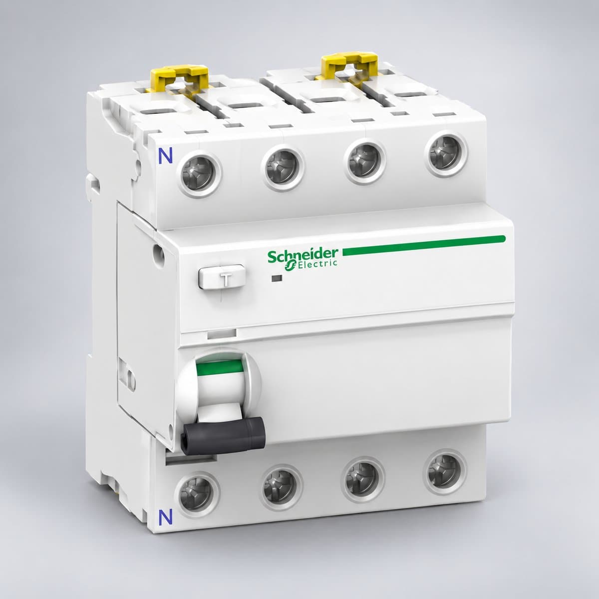 Cầu dao chống rò Acti9 RCCB và RCBO Schneider chụp góc nghiêng 3/4, thấy rõ mặt và cạnh bên