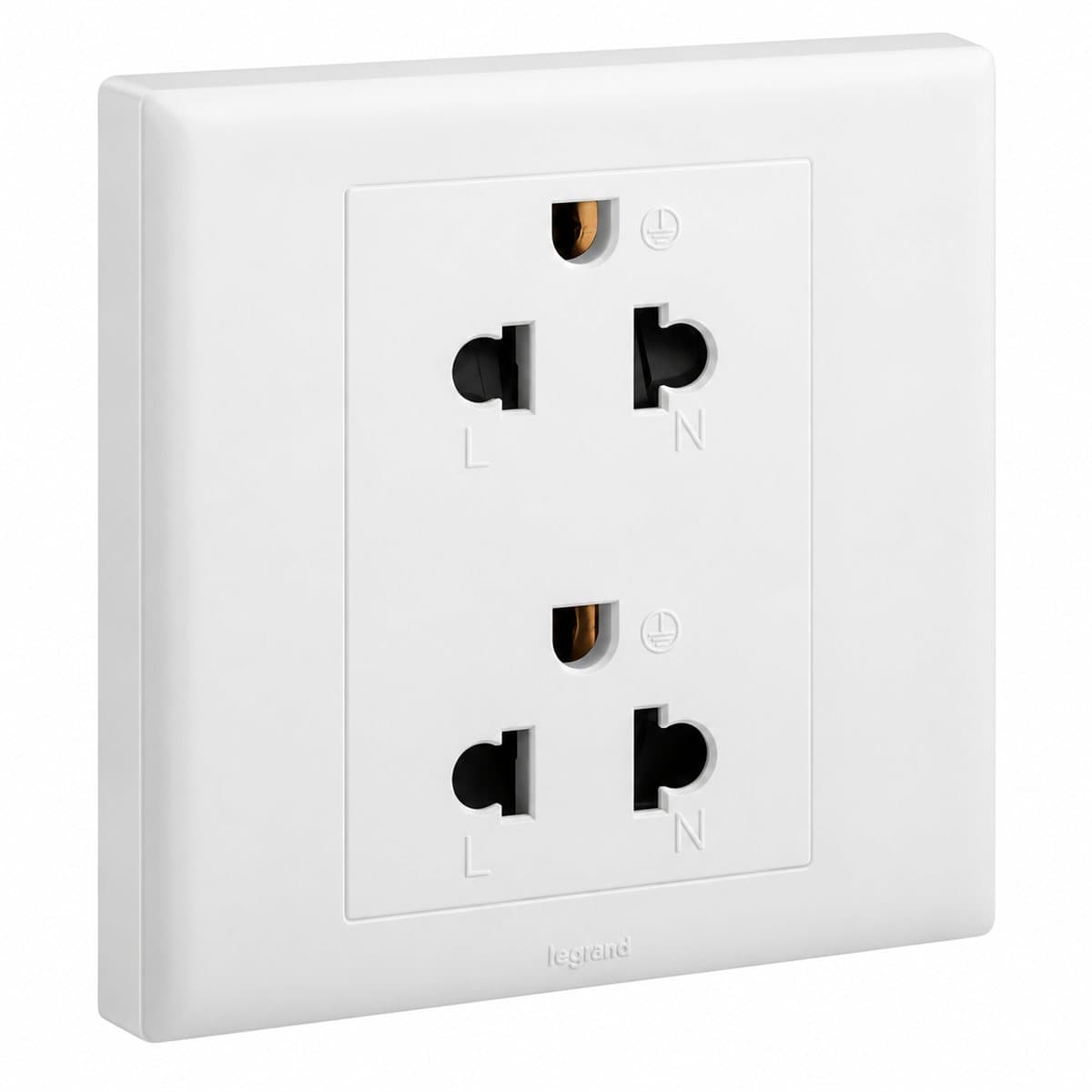 Ổ cắm đôi 3 chấu Eloé Legrand trên nền trắng, ảnh sản phẩm chính diện