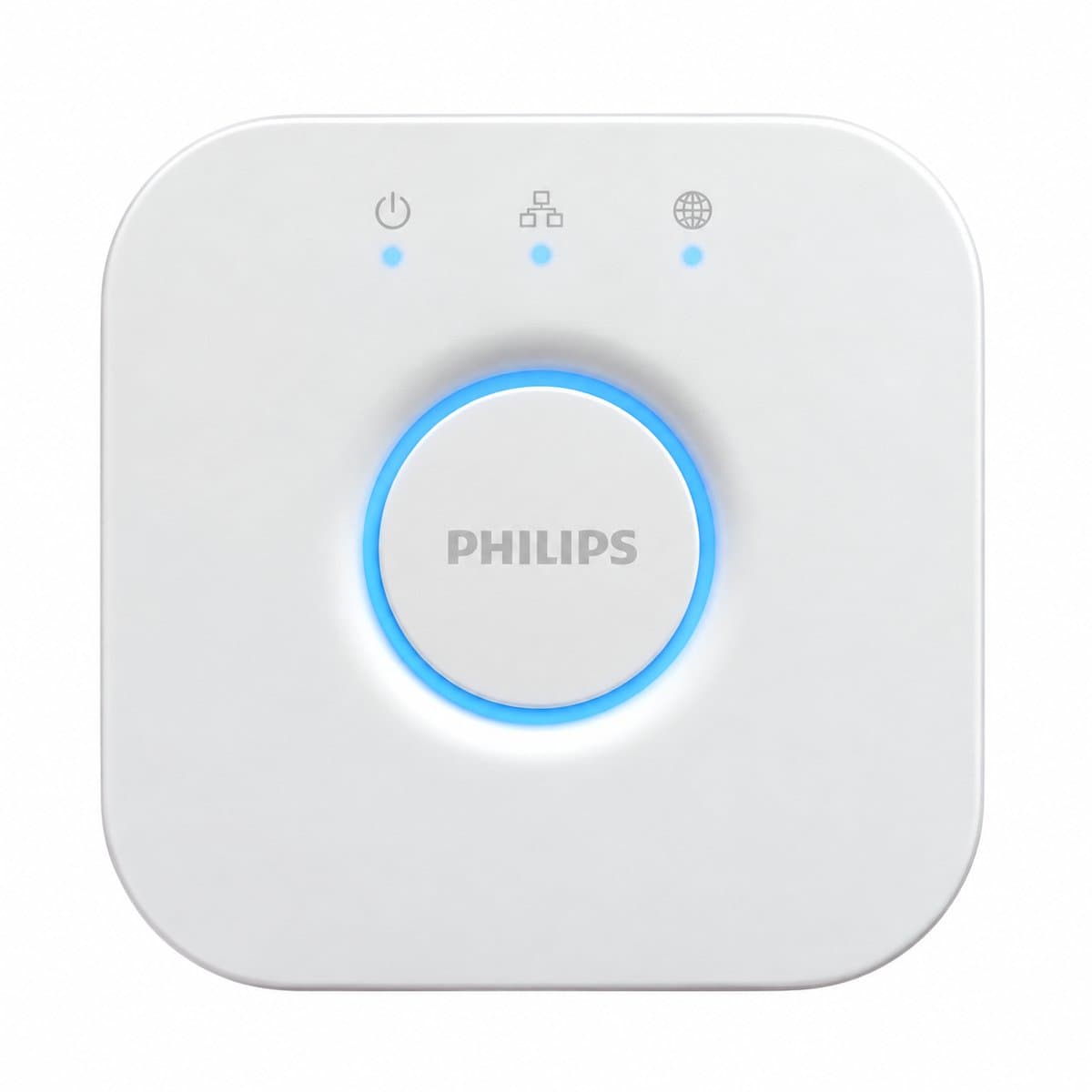 Bộ điều khiển trung tâm Hue Bridge Philips trên nền trắng, ảnh sản phẩm chính diện