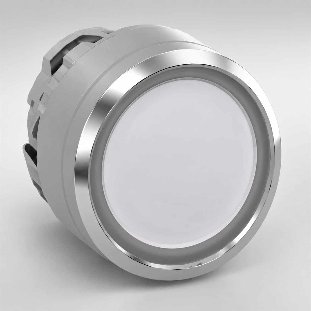 Đầu nút nhấn có đèn Harmony XB4 Ø22 Schneider chụp góc nghiêng 3/4, thấy rõ mặt và cạnh bên