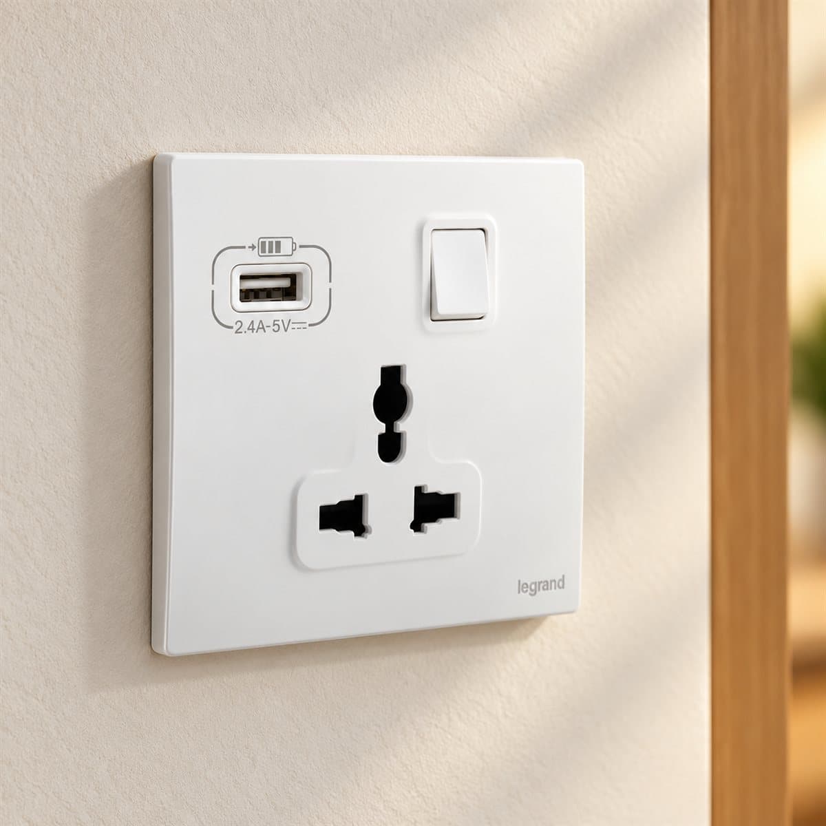Ổ cắm đa năng có công tắc và ổ sạc USB Type A Mallia Senses Legrand đã lắp đặt trong nhà