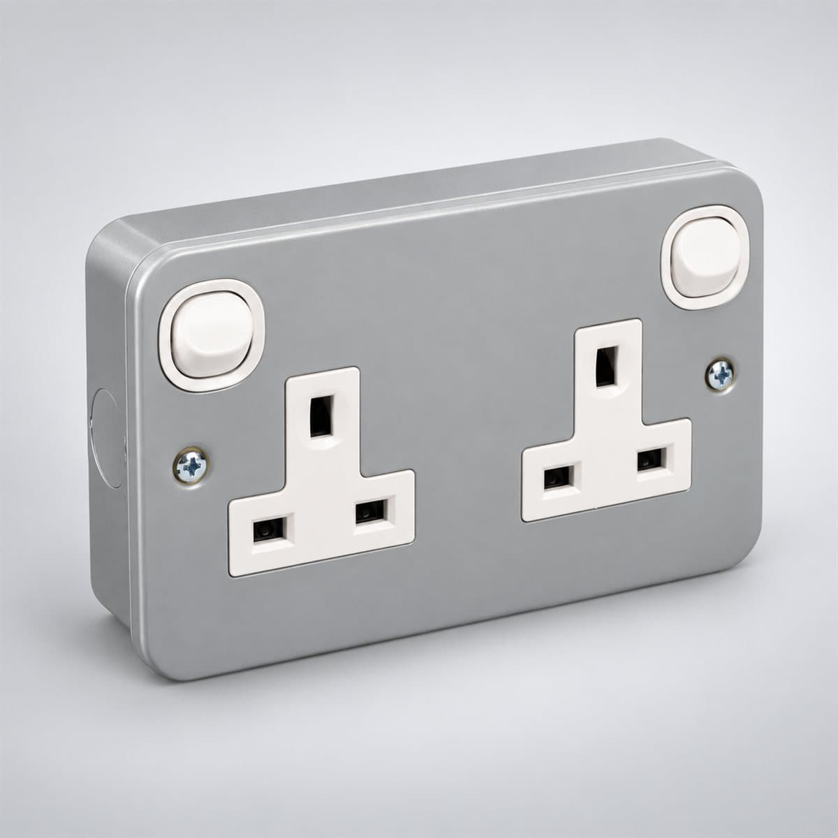 Ổ cắm đôi có công tắc, vỏ kim loại E3O Schneider chụp góc nghiêng 3/4, thấy rõ mặt và cạnh bên