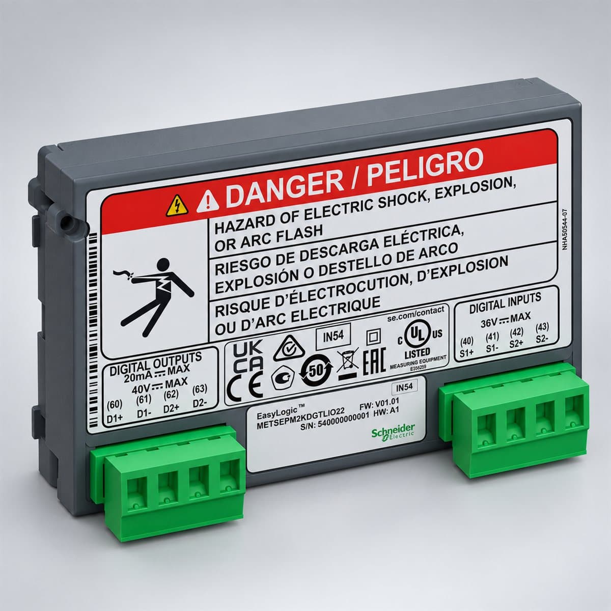 Mô-đun I/O cho đồng hồ PM2000 Schneider chụp góc nghiêng 3/4, thấy rõ mặt và cạnh bên