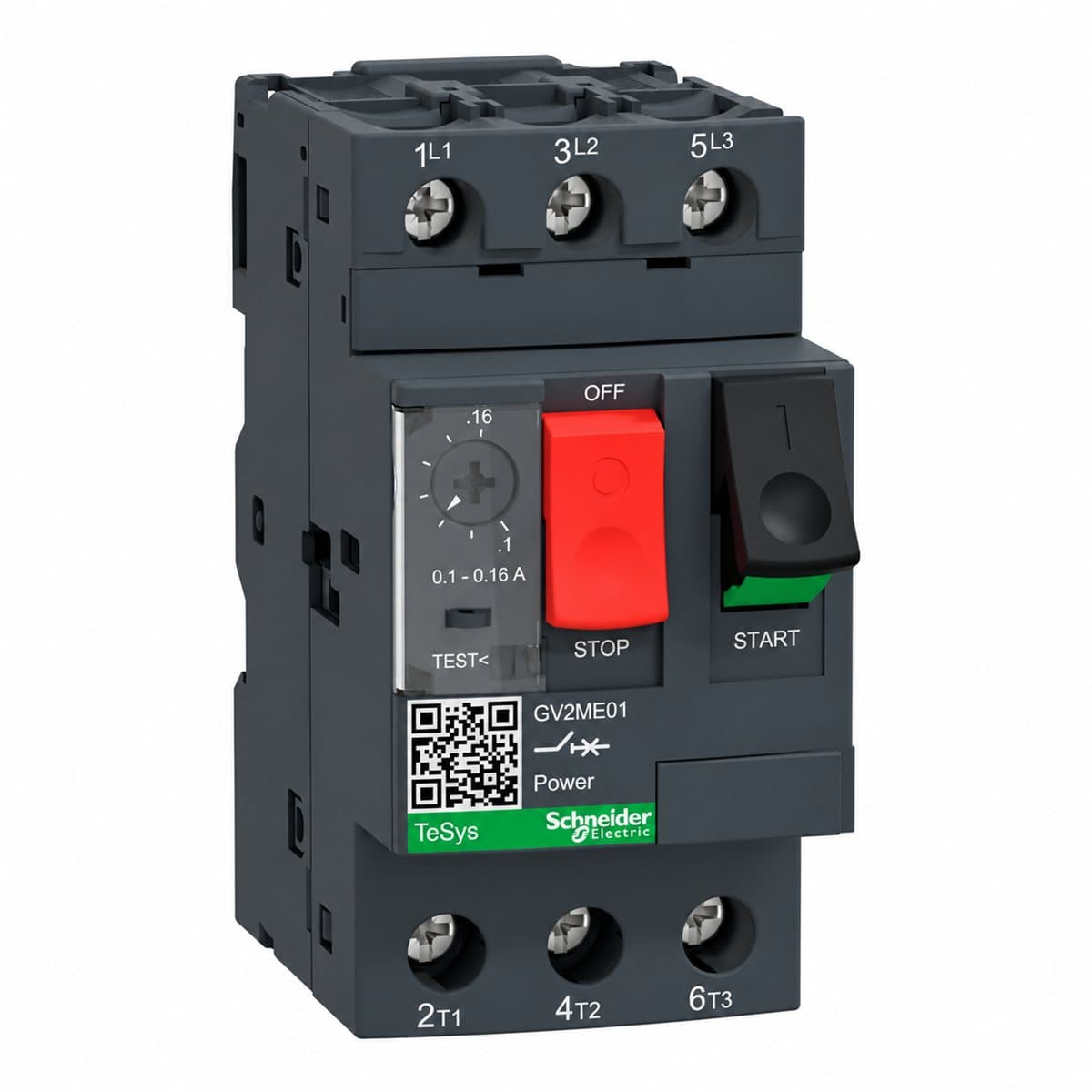 CB bảo vệ động cơ TeSys GV2ME nút nhấn Schneider trên nền trắng, ảnh sản phẩm chính diện