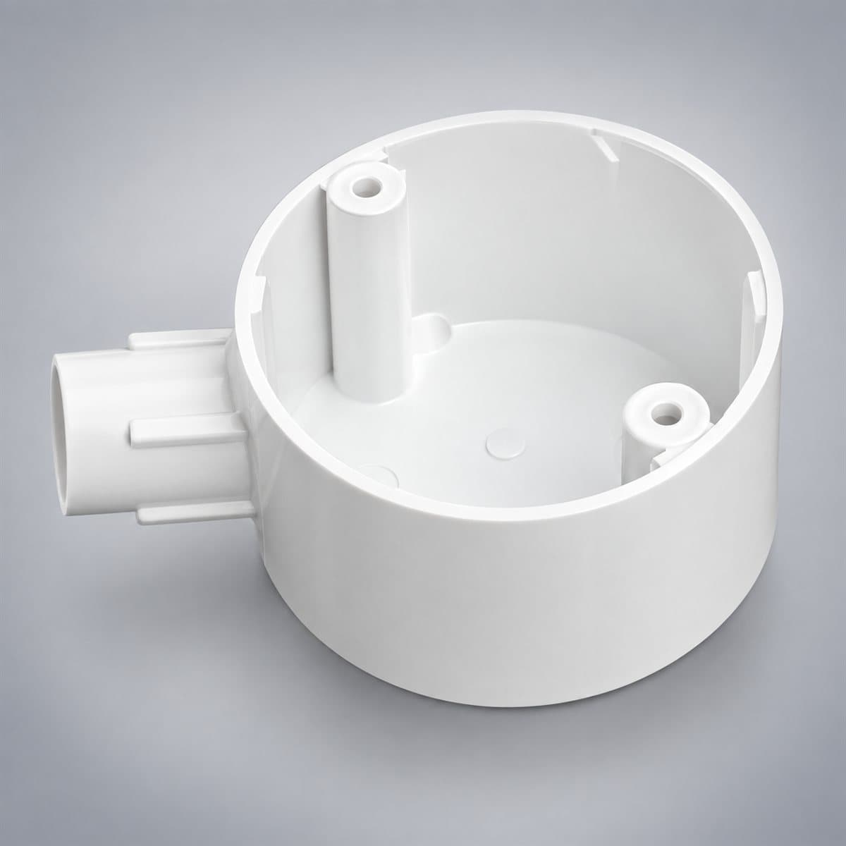 Hộp nối tròn 1 ngã ống luồn PVC Panasonic chụp góc nghiêng 3/4, thấy rõ mặt và cạnh bên