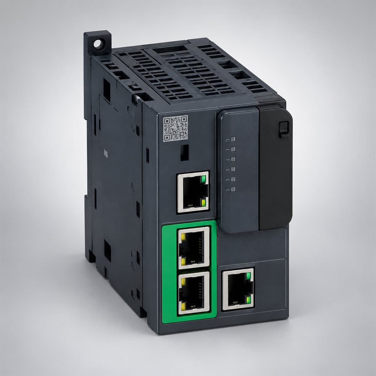 Bộ điều khiển PLC Modicon M251 Schneider chụp góc nghiêng 3/4, thấy rõ mặt và cạnh bên