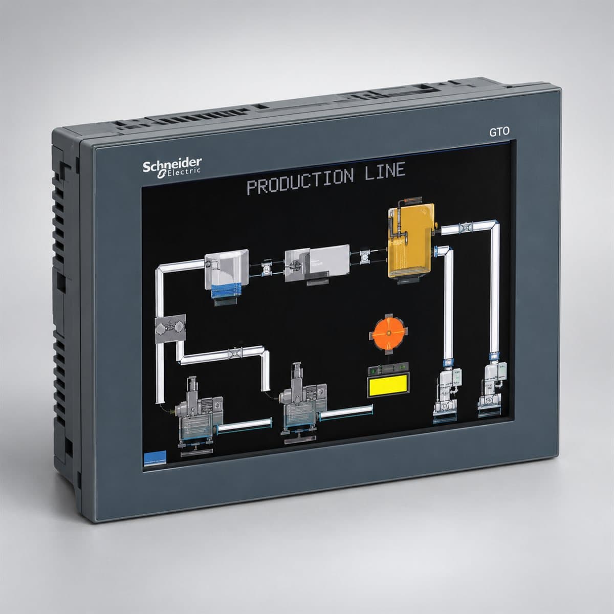 Màn hình cảm ứng HMI Harmony GTO Schneider chụp góc nghiêng 3/4, thấy rõ mặt và cạnh bên