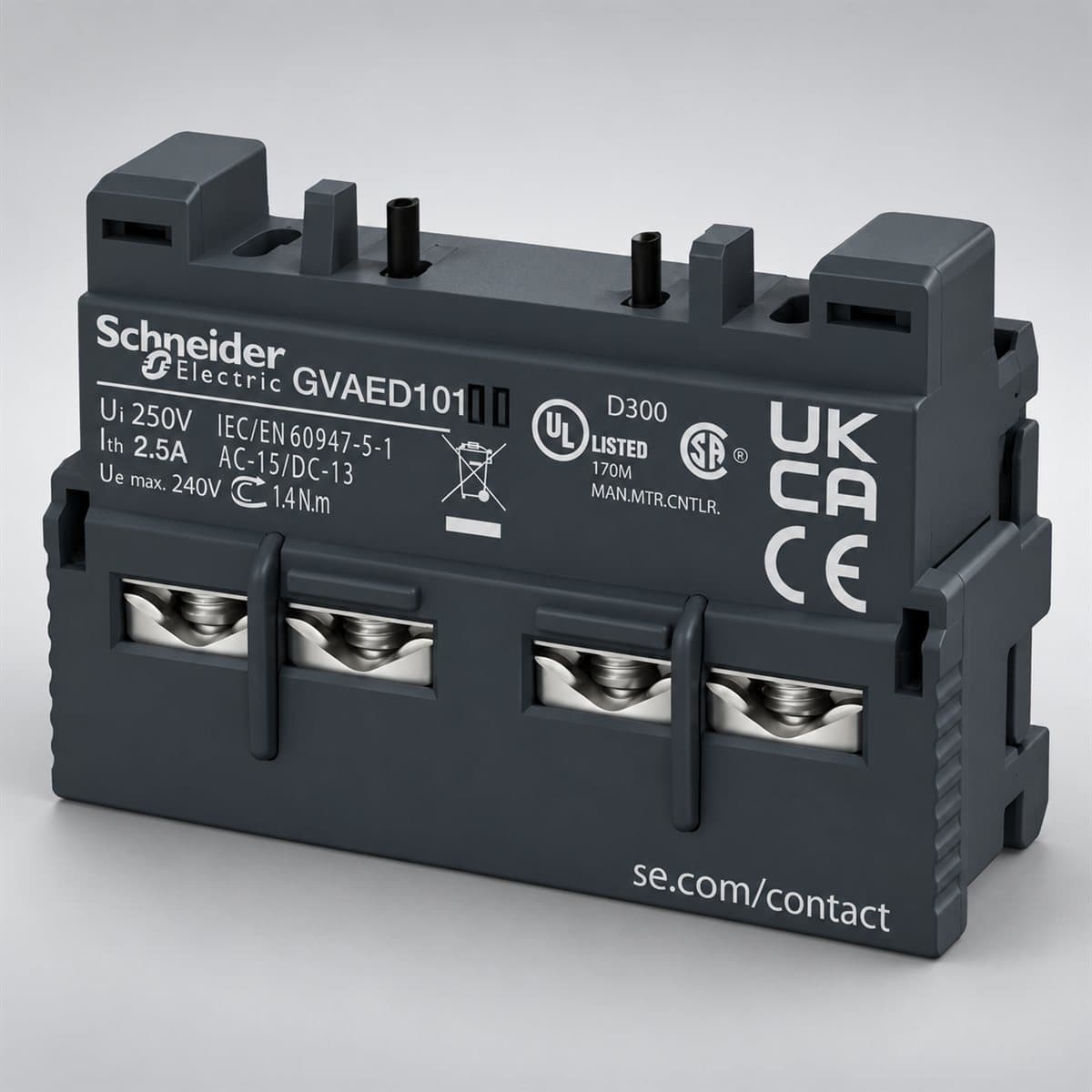 Khối tiếp điểm phụ TeSys GV3 Schneider chụp góc nghiêng 3/4, thấy rõ mặt và cạnh bên