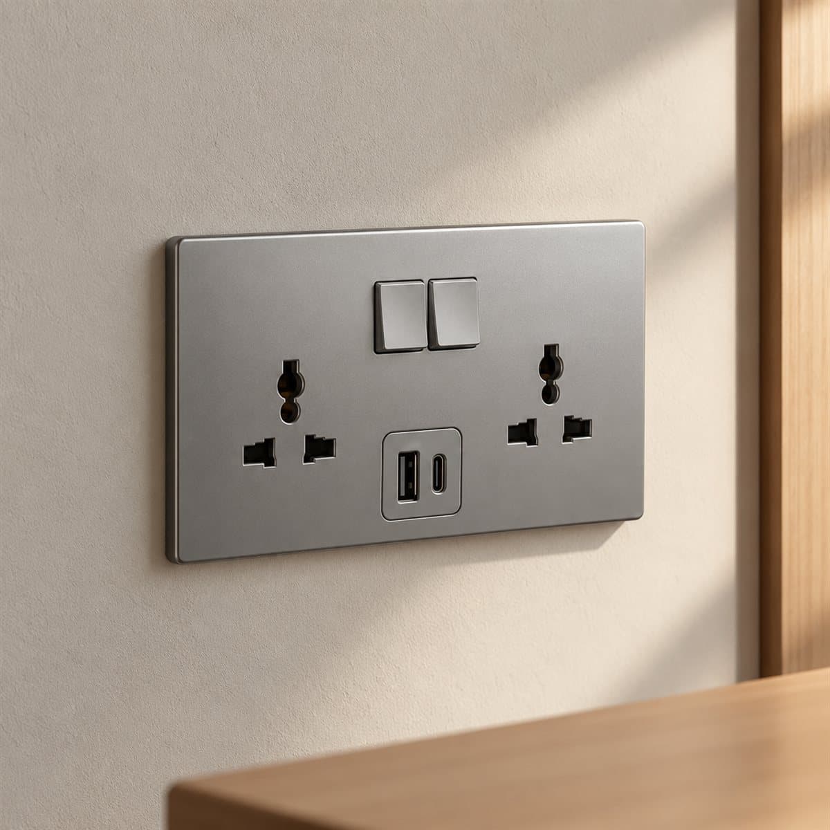 Ổ cắm đôi đa năng có công tắc Mallia Senses USB Type A+C Legrand đã lắp đặt trong nhà