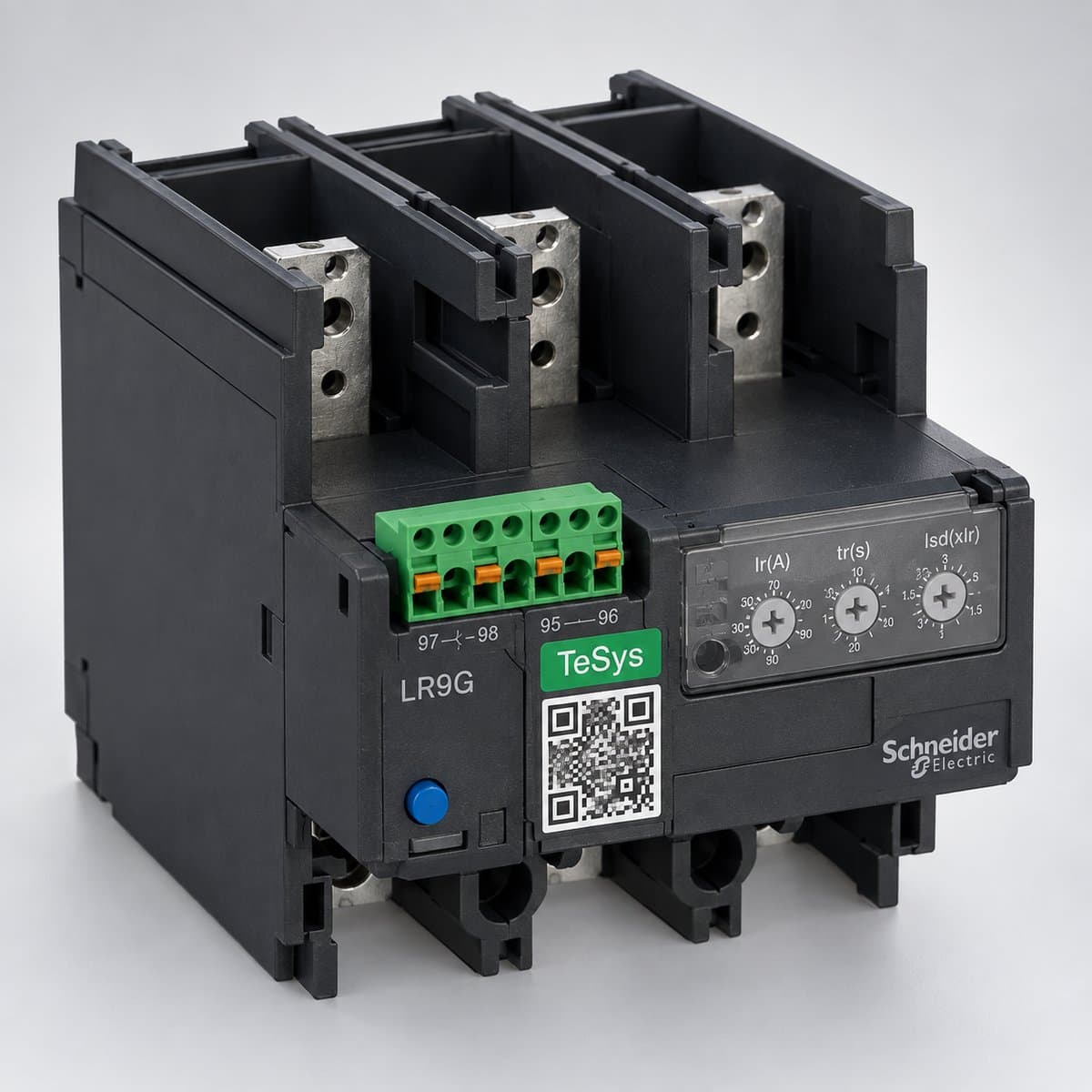 Rơ le bảo vệ TeSys Giga LR9G Schneider chụp góc nghiêng 3/4, thấy rõ mặt và cạnh bên