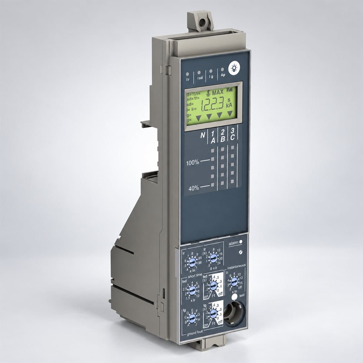 Bộ bảo vệ Micrologic có LCD cho ACB EasyPact MVS Schneider chụp góc nghiêng 3/4, thấy rõ mặt và cạnh bên