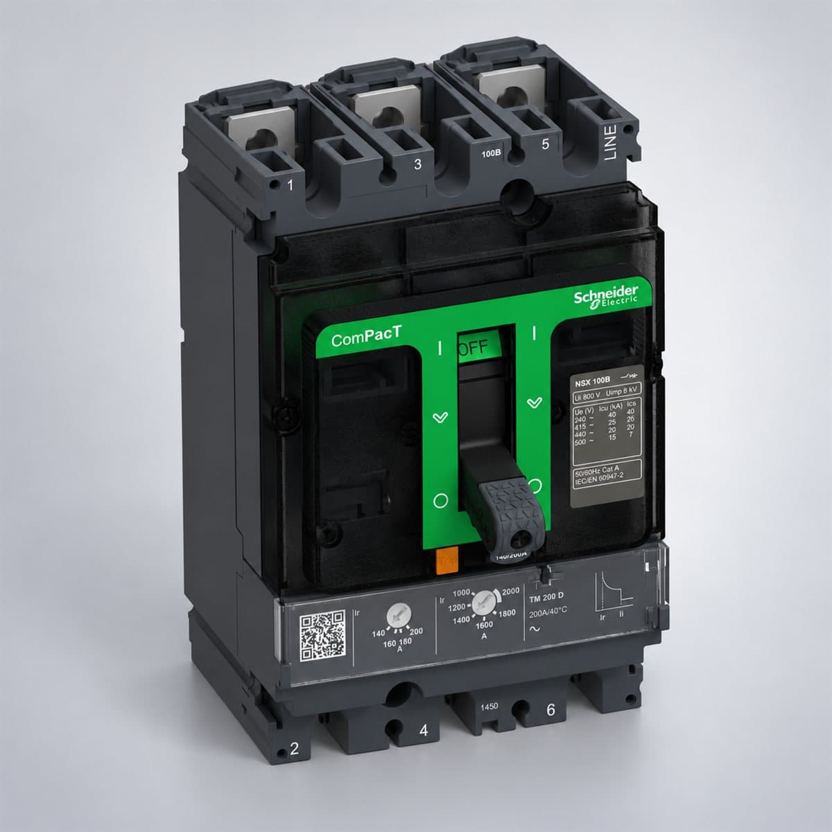 MCCB ComPacT NSX100 B/F cố định Schneider chụp góc nghiêng 3/4, thấy rõ mặt và cạnh bên