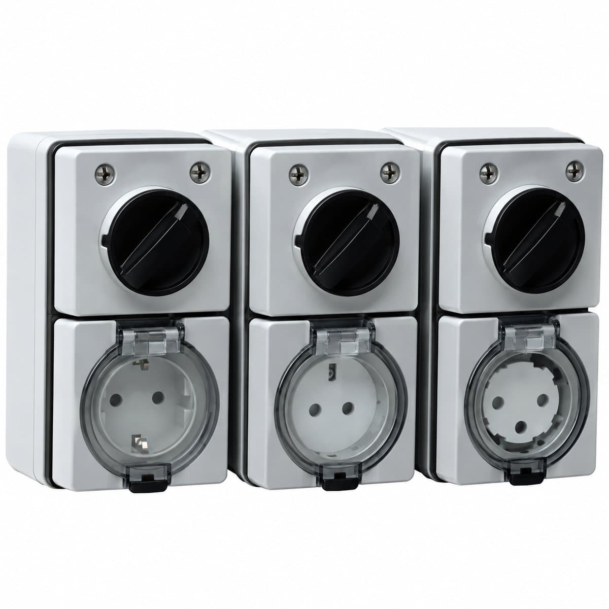 Công tắc & ổ cắm phòng thấm nước dòng S56 Schneider trên nền trắng, ảnh sản phẩm chính diện