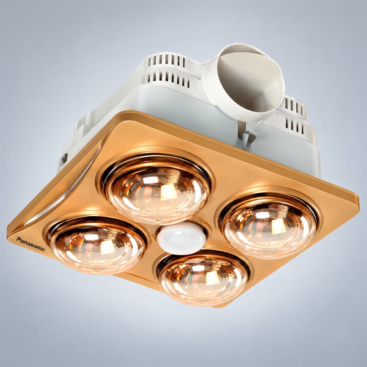Đèn sưởi âm trần có quạt hút, 4 bóng Panasonic chụp góc nghiêng 3/4, thấy rõ thân và cạnh bên