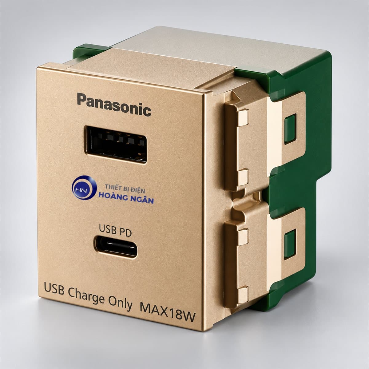 Ổ cắm sạc USB 2 cổng chuẩn A - C, cắm nhanh Halumie Panasonic chụp góc nghiêng 3/4, thấy rõ mặt và cạnh bên