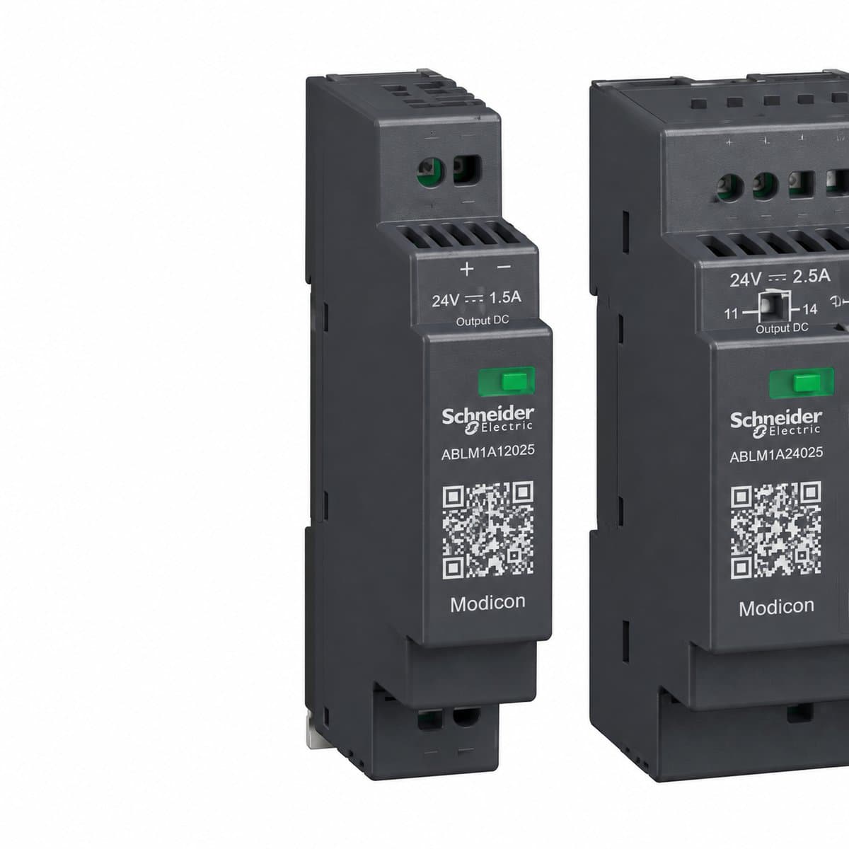 Bộ nguồn dạng mô-đun Modicon Schneider trên nền trắng, ảnh sản phẩm chính diện