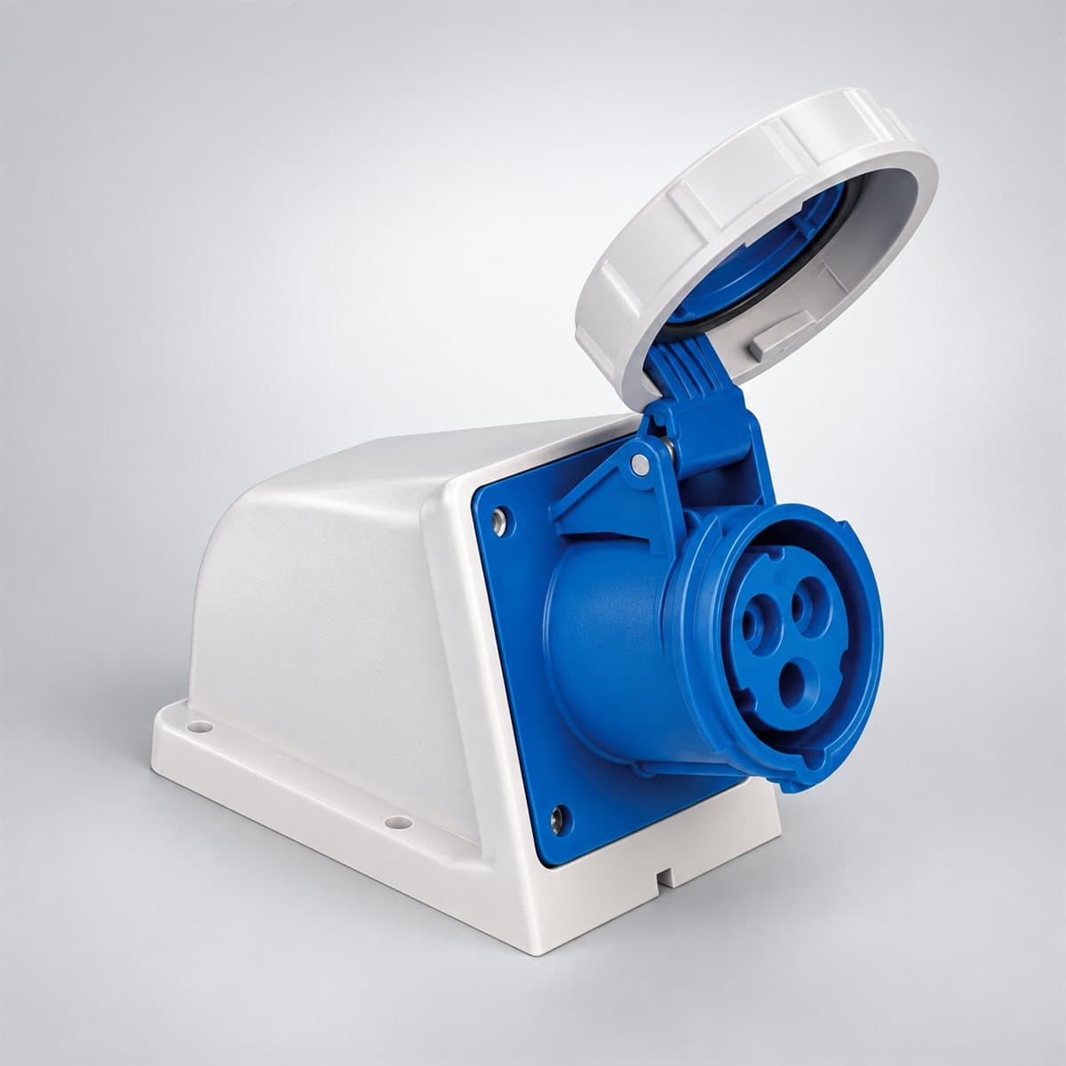 Ổ cắm gắn nổi công nghiệp P17 Tempra Pro IP67 Legrand chụp góc nghiêng 3/4, thấy rõ mặt và cạnh bên