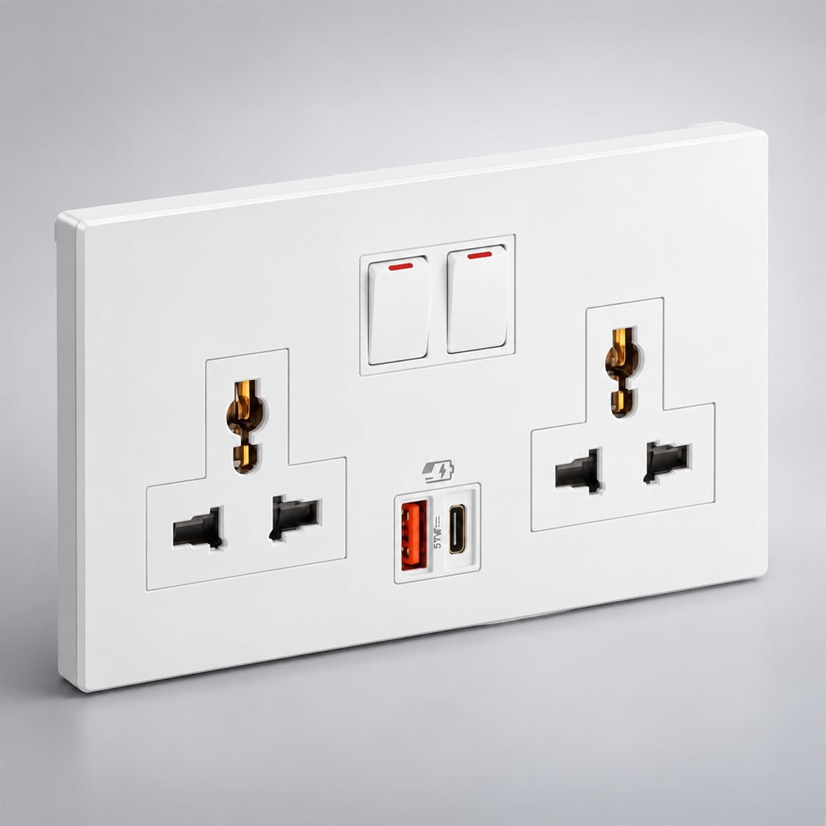Ổ cắm đôi đa năng có công tắc và ổ sạc Type A+C Obria Legrand chụp góc nghiêng 3/4, thấy rõ mặt và cạnh bên