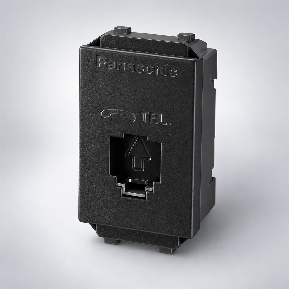 Ổ cắm điện thoại 4 cực Gen-X Panasonic chụp góc nghiêng 3/4, thấy rõ mặt và cạnh bên