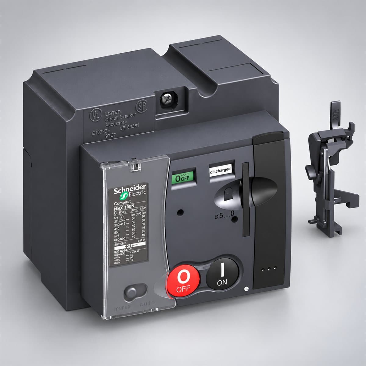 Mô-tơ đóng cắt cho MCCB ComPacT NSX Schneider chụp góc nghiêng 3/4, thấy rõ mặt và cạnh bên