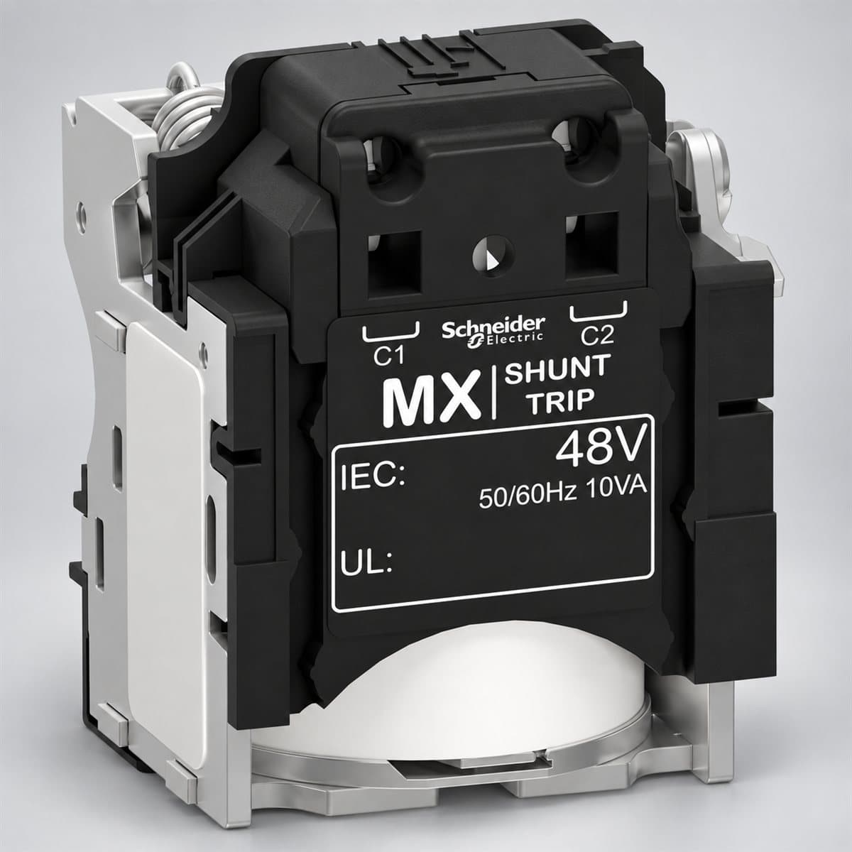 Cuộn shunt (MX) cho EasyPact EZC400/630 Schneider chụp góc nghiêng 3/4, thấy rõ mặt và cạnh bên