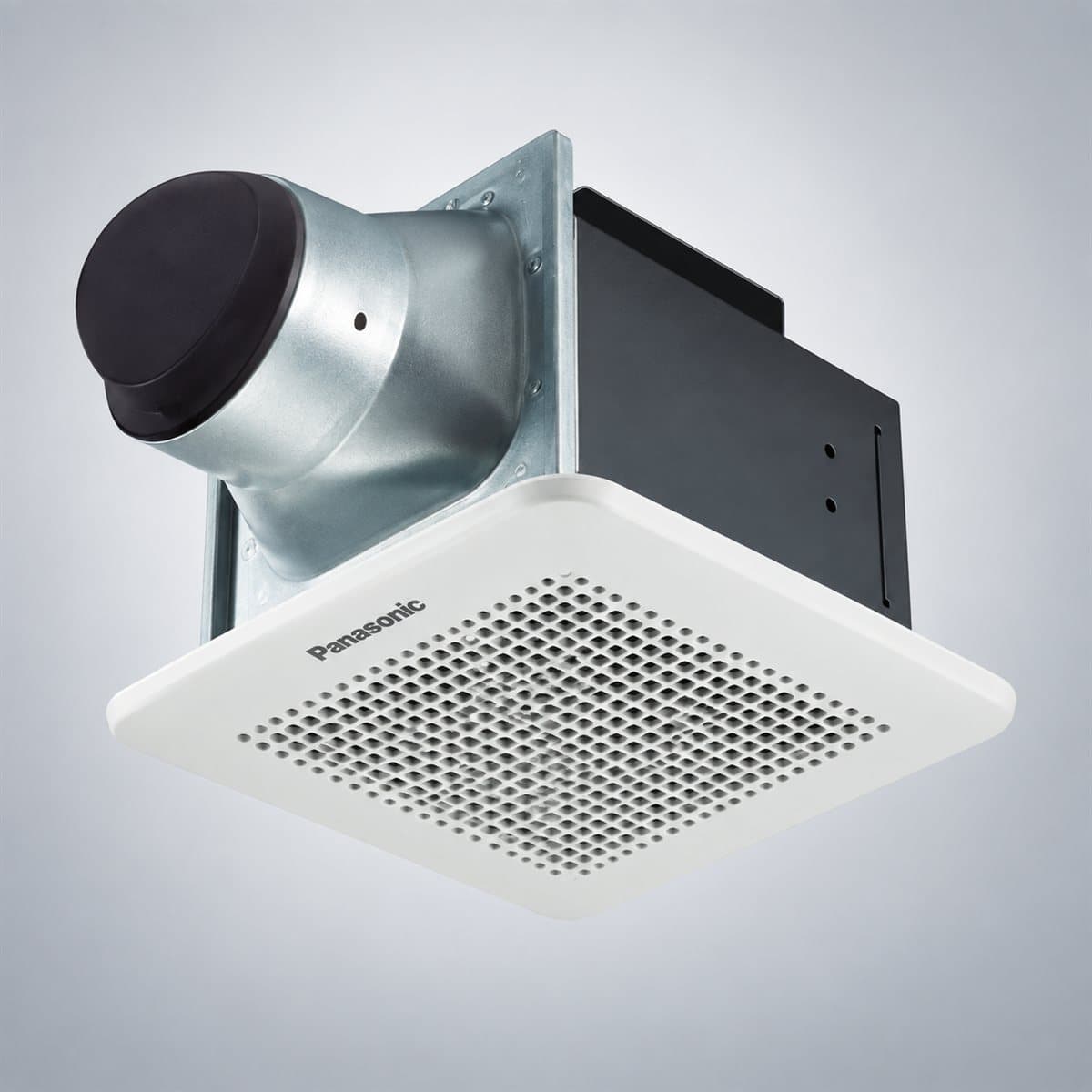 Quạt hút âm trần ống Ø100mm, 1 cấp tốc độ Panasonic chụp góc nghiêng 3/4, thấy rõ mặt và cạnh bên