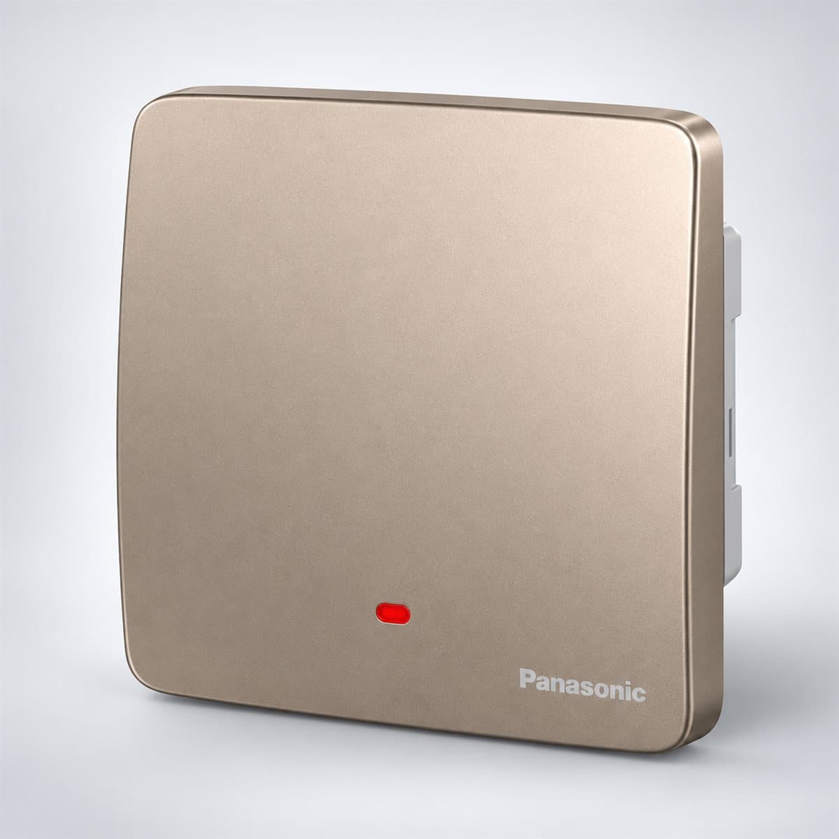 Bộ 1 công tắc D, bắt vít, có đèn báo Minerva Panasonic chụp góc nghiêng 3/4, thấy rõ mặt và cạnh bên