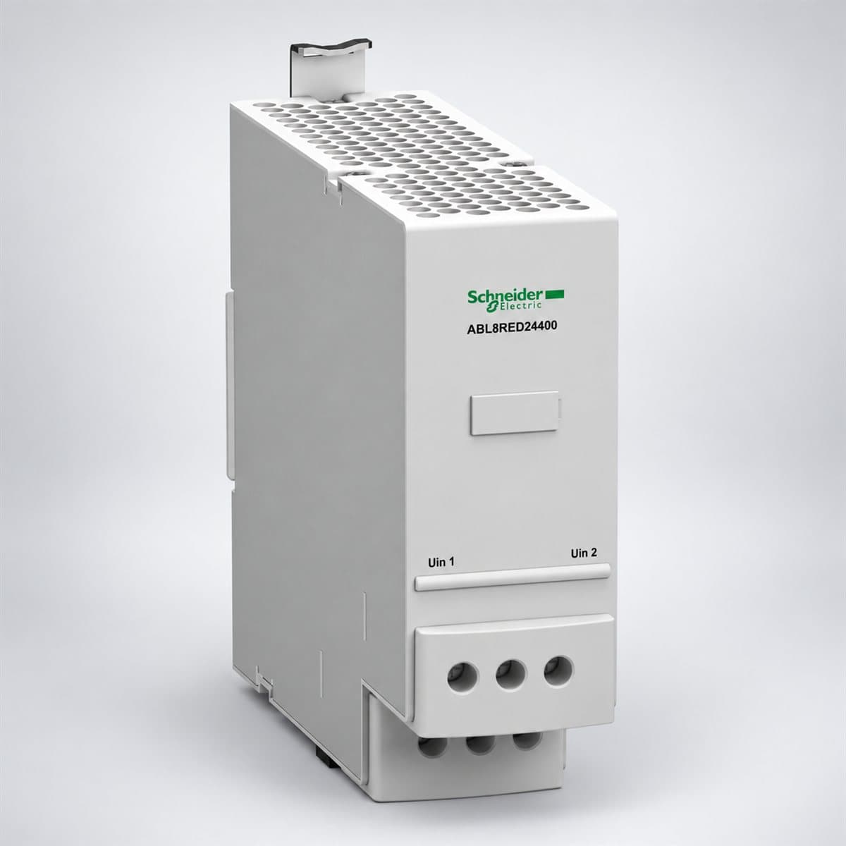 Mô-đun dự phòng Redundancy cho nguồn ABL8 Schneider chụp góc nghiêng 3/4, thấy rõ mặt và cạnh bên