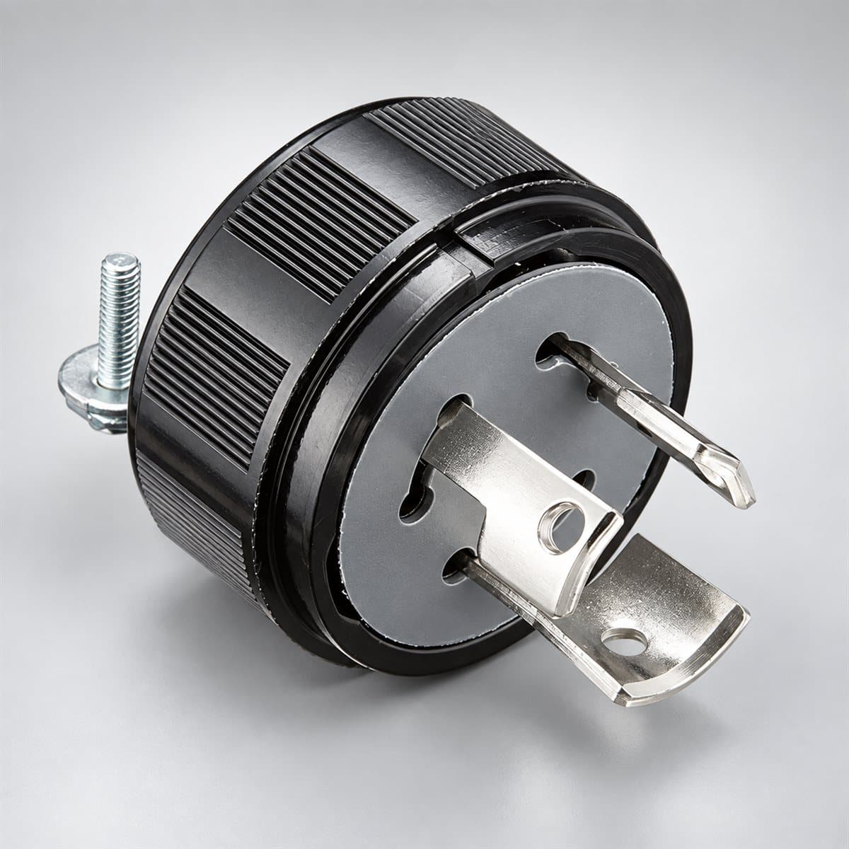 Phích cắm locking công nghiệp Panasonic chụp góc nghiêng 3/4, thấy rõ mặt và cạnh bên