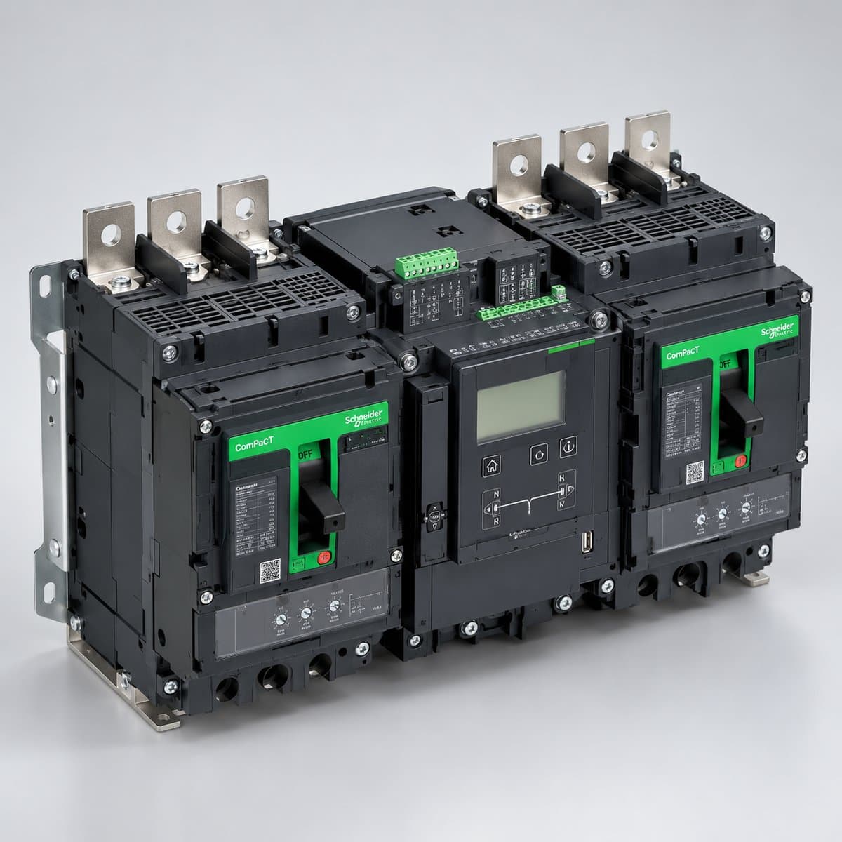 Bộ chuyển nguồn ATS ComPacT NS/NSX Schneider chụp góc nghiêng 3/4, thấy rõ mặt và cạnh bên