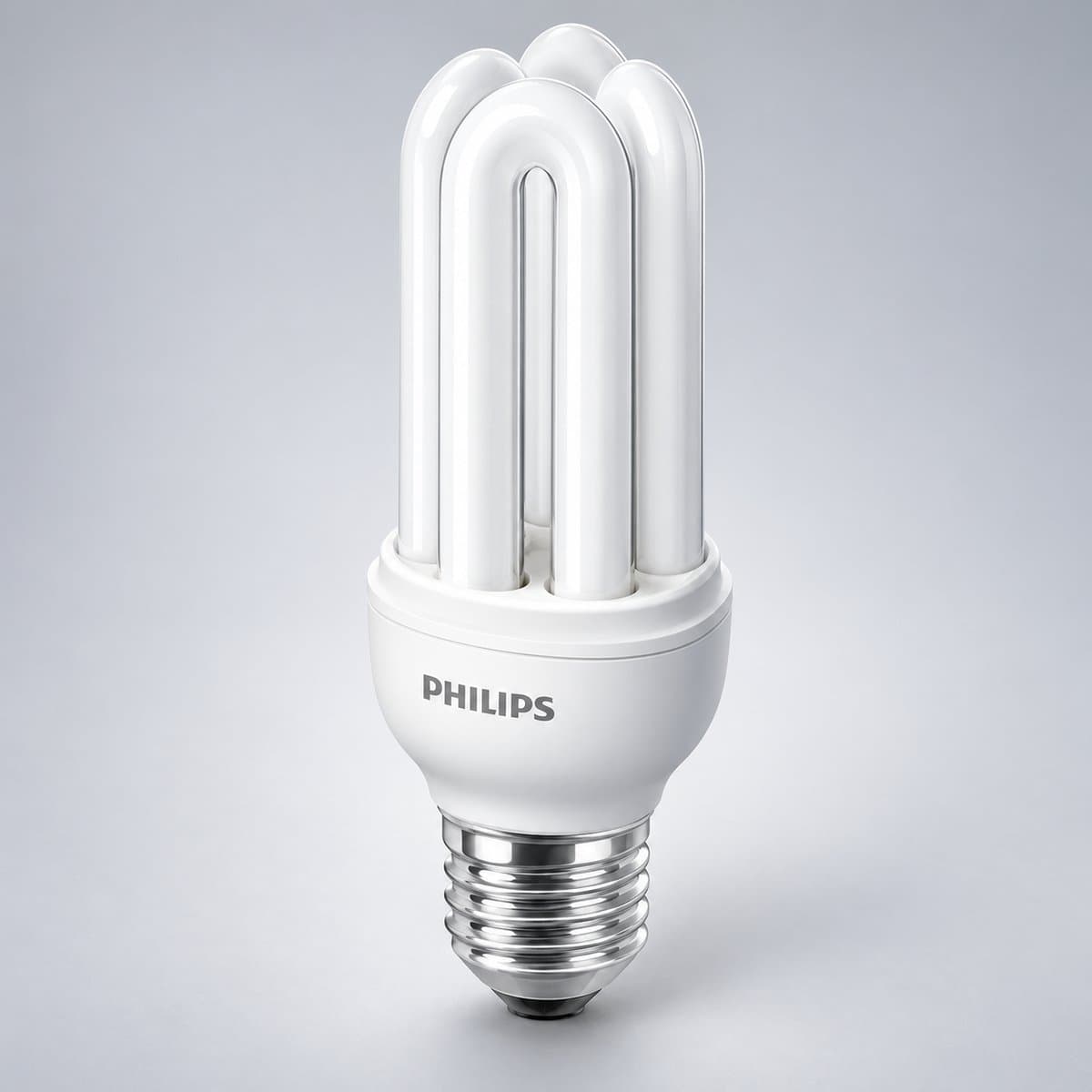 Bóng huỳnh quang compact Genie / Essential Philips chụp góc nghiêng 3/4, thấy rõ thân và cạnh bên