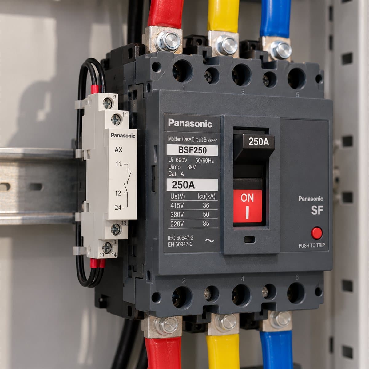 Tiếp điểm phụ báo trạng thái, bên trái MCCB SF Panasonic đã lắp đặt trong nhà
