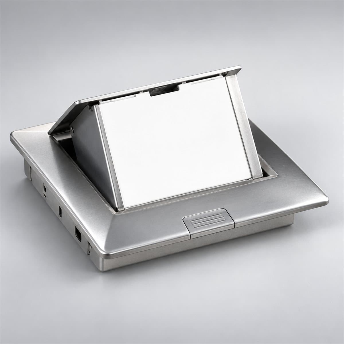 Ổ cắm âm sàn cho S-Flexi Schneider chụp góc nghiêng 3/4, thấy rõ mặt và cạnh bên