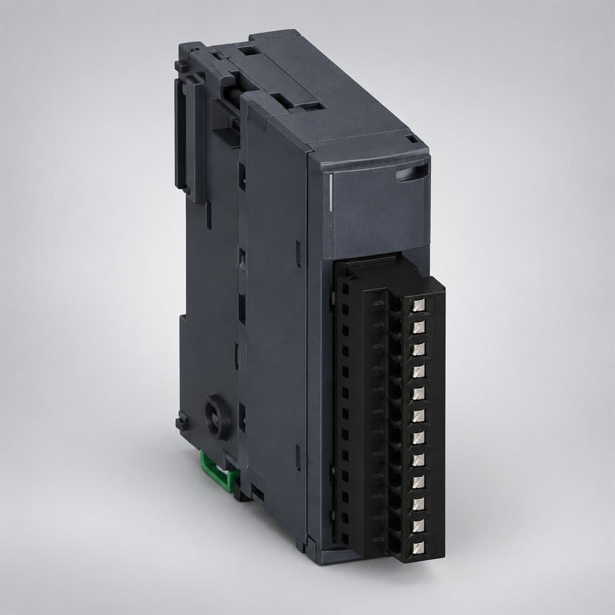 Mô-đun I/O analog TM3 Modicon Schneider chụp góc nghiêng 3/4, thấy rõ mặt và cạnh bên