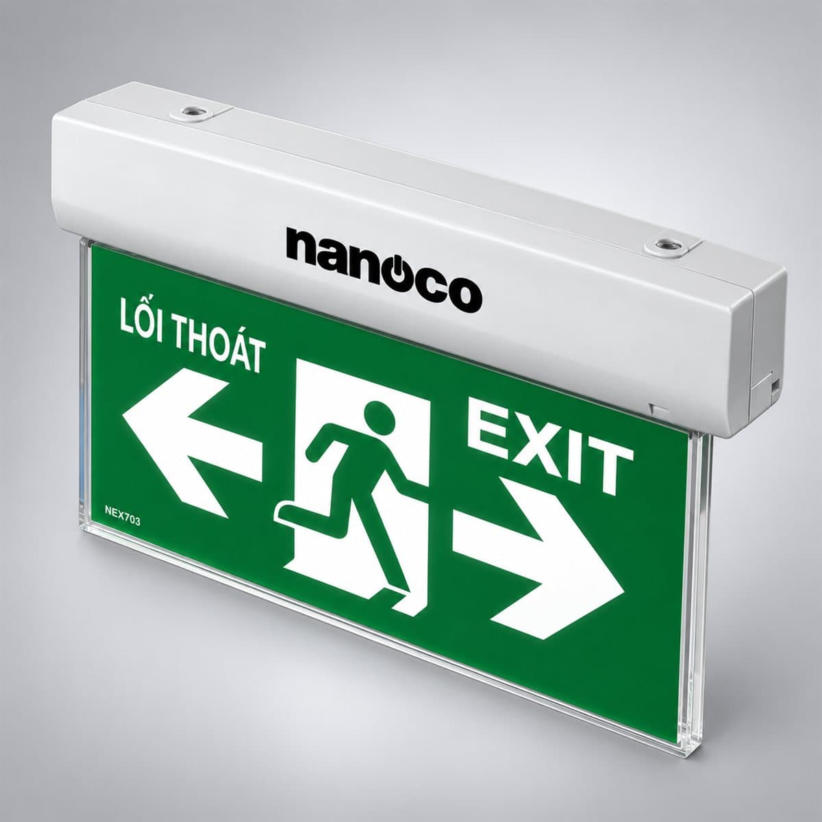 Đèn thoát hiểm LED (EXIT) Panasonic chụp góc nghiêng 3/4, thấy rõ thân và cạnh bên
