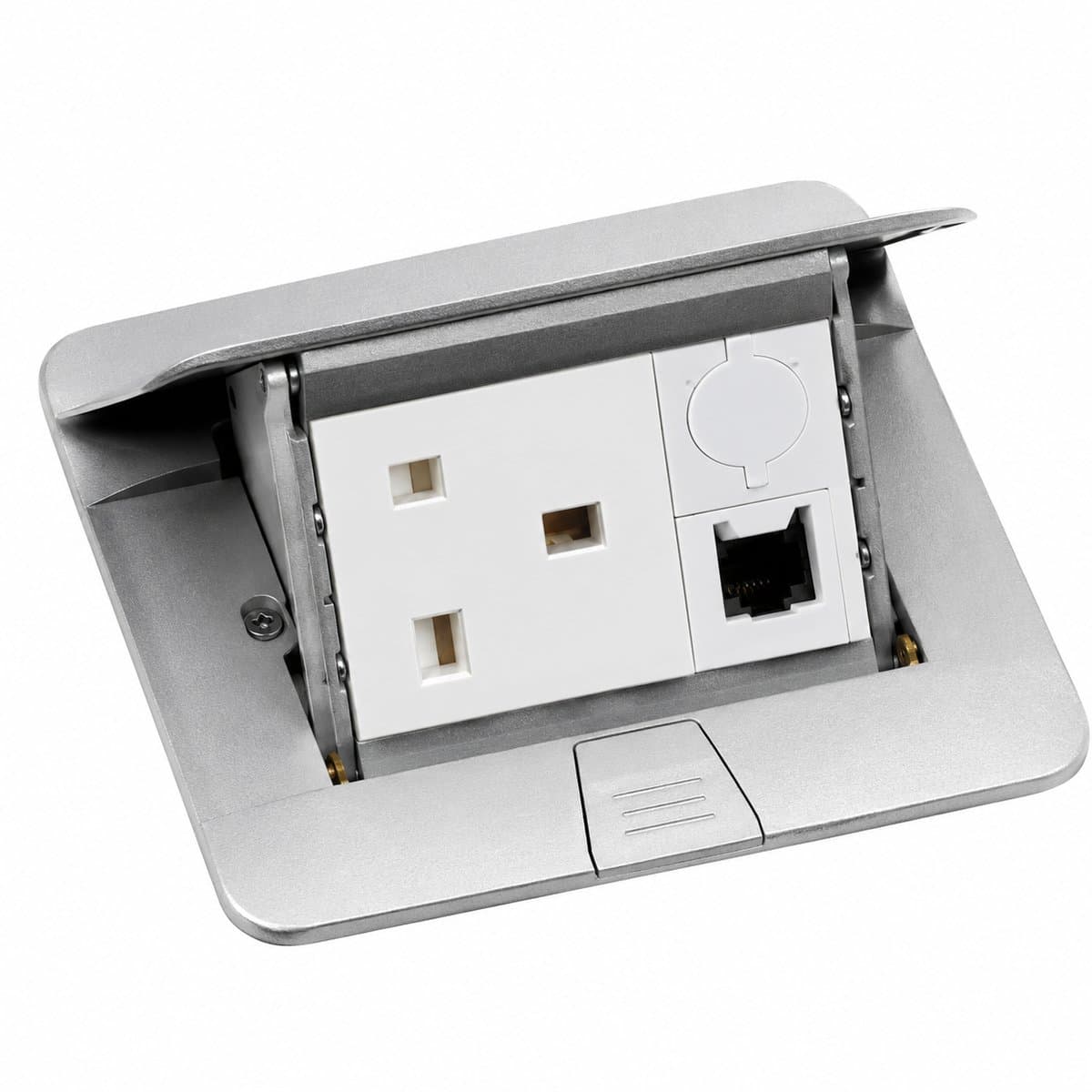 Hộp âm sàn và tủ điện dân dụng Practibox S Legrand trên nền trắng, ảnh sản phẩm chính diện