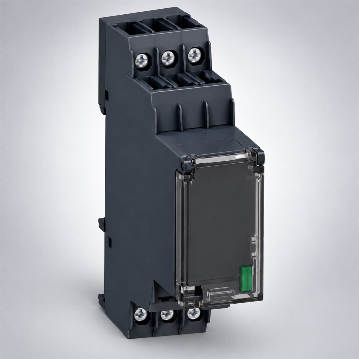 Rơ le giám sát Harmony RM22 Schneider chụp góc nghiêng 3/4, thấy rõ mặt và cạnh bên