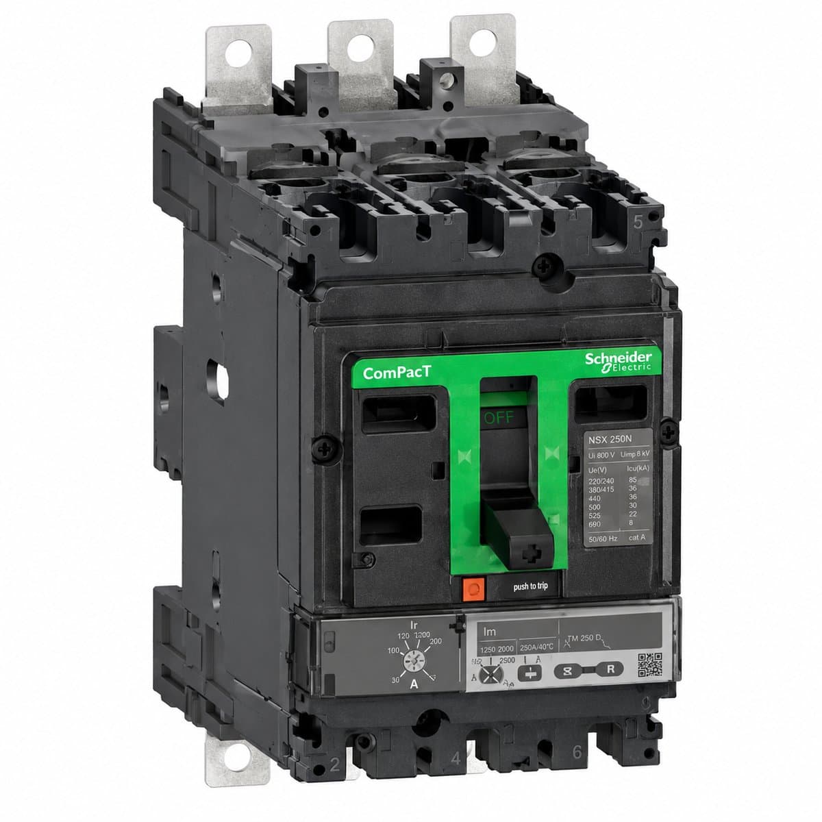 MCCB ComPacT NSX loại plug-in và kéo rút Schneider trên nền trắng, ảnh sản phẩm chính diện
