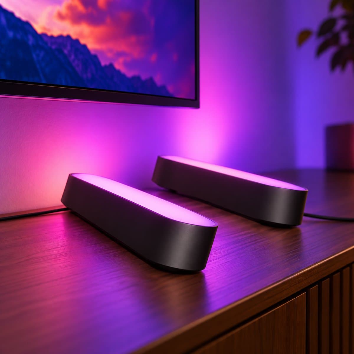 Thanh đèn thông minh Hue Play Light Bar Philips đã lắp đặt, đang chiếu sáng