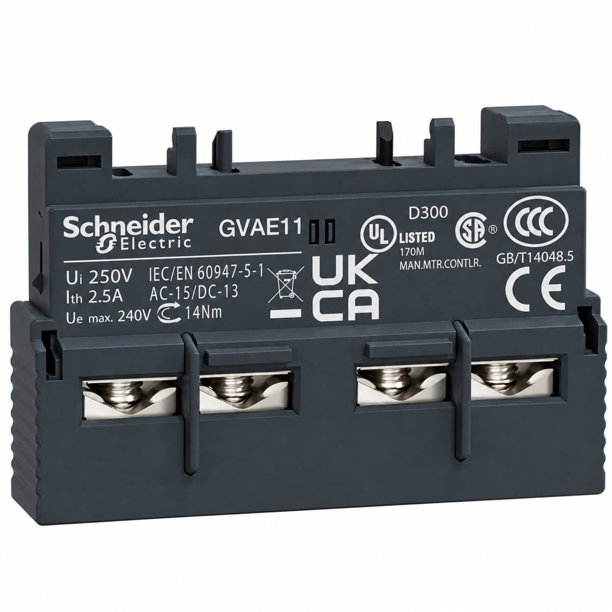Tiếp điểm phụ tức thời lắp mặt trước TeSys GV2 Schneider trên nền trắng, ảnh sản phẩm chính diện