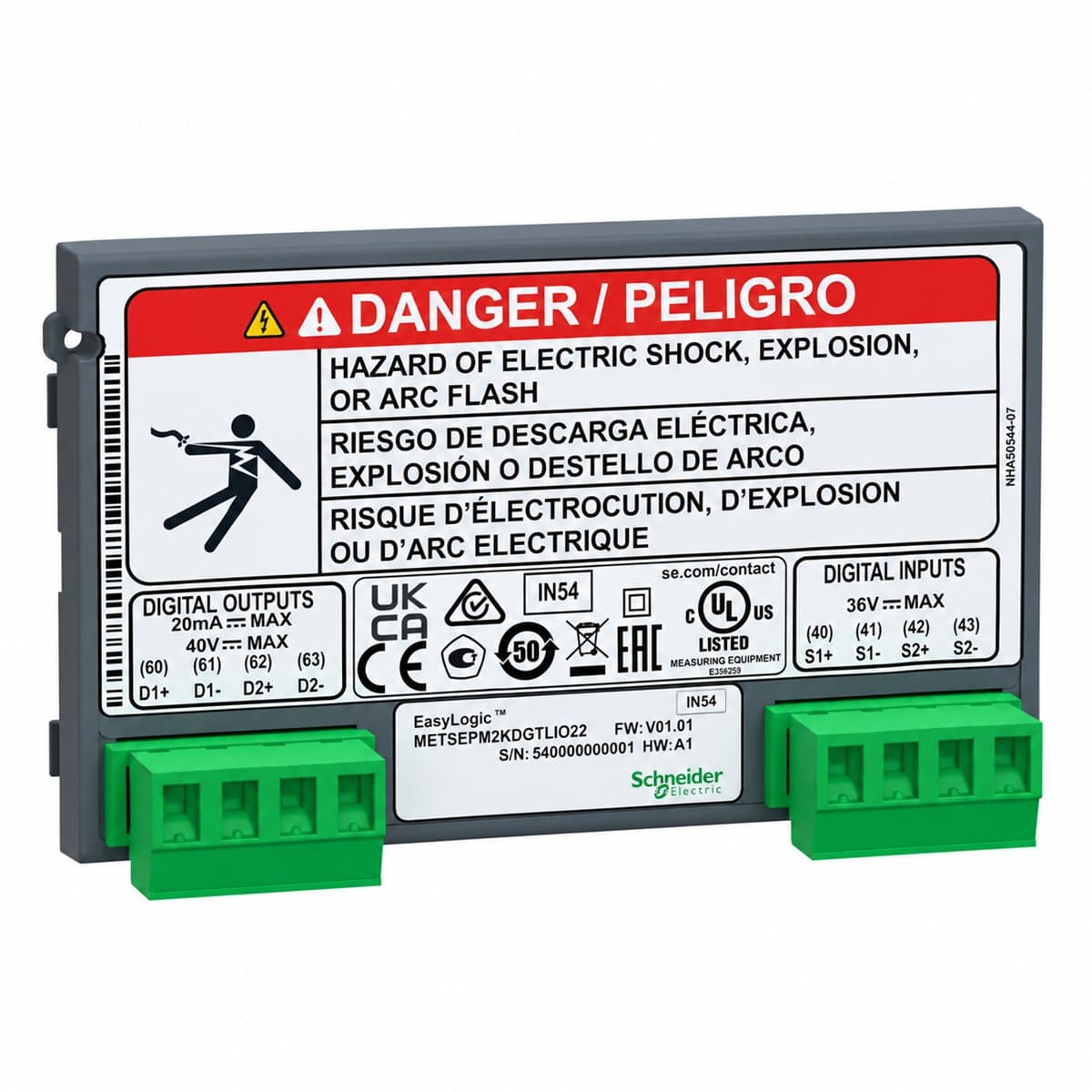 Mô-đun I/O cho đồng hồ PM2000 Schneider trên nền trắng, ảnh sản phẩm chính diện