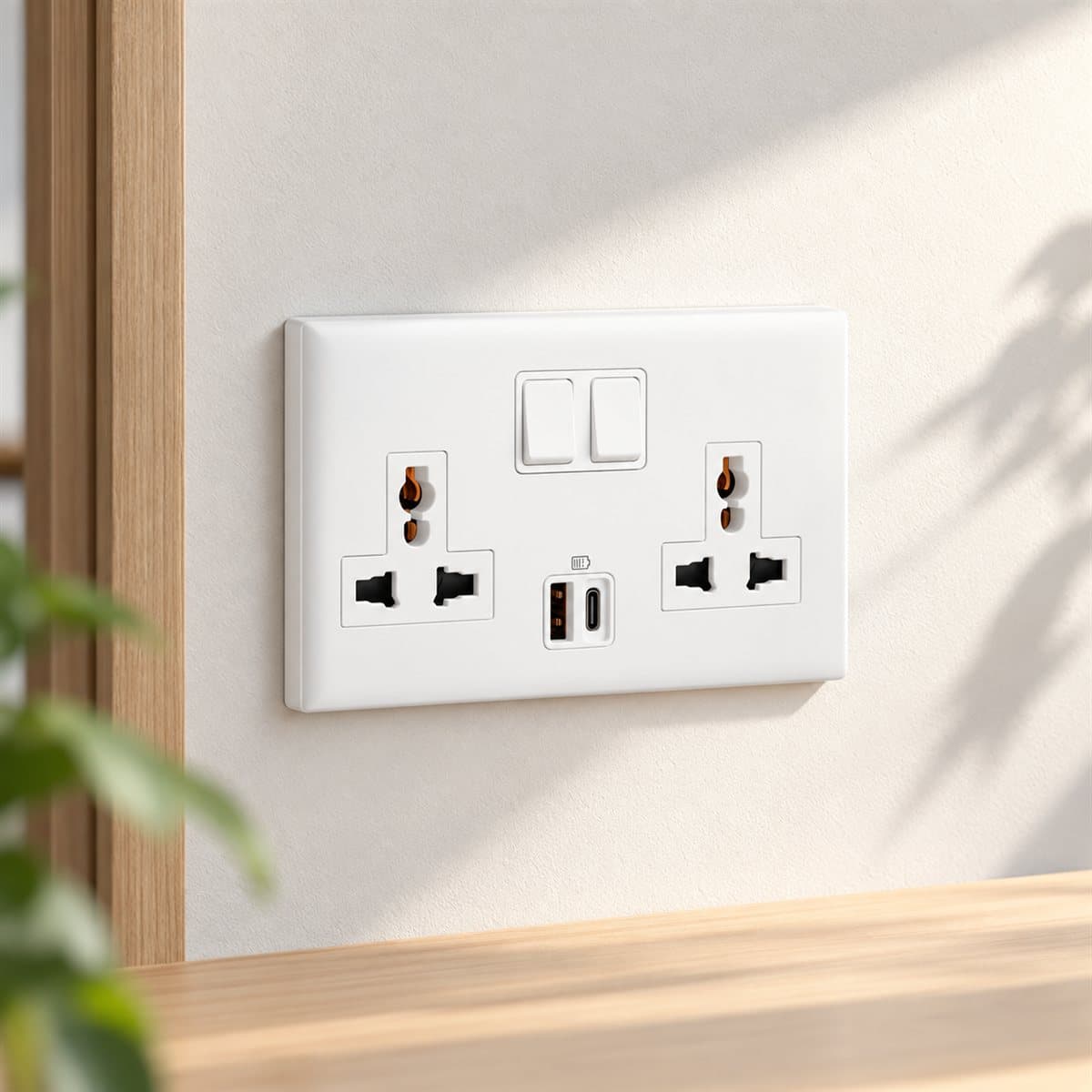 Ổ cắm đôi đa năng có công tắc Eloé USB Type A+C Legrand đã lắp đặt trong nhà